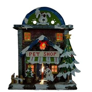 Christmas Village Pet Shop Tea Light Candle Holder Metal Hand Painted Glitter